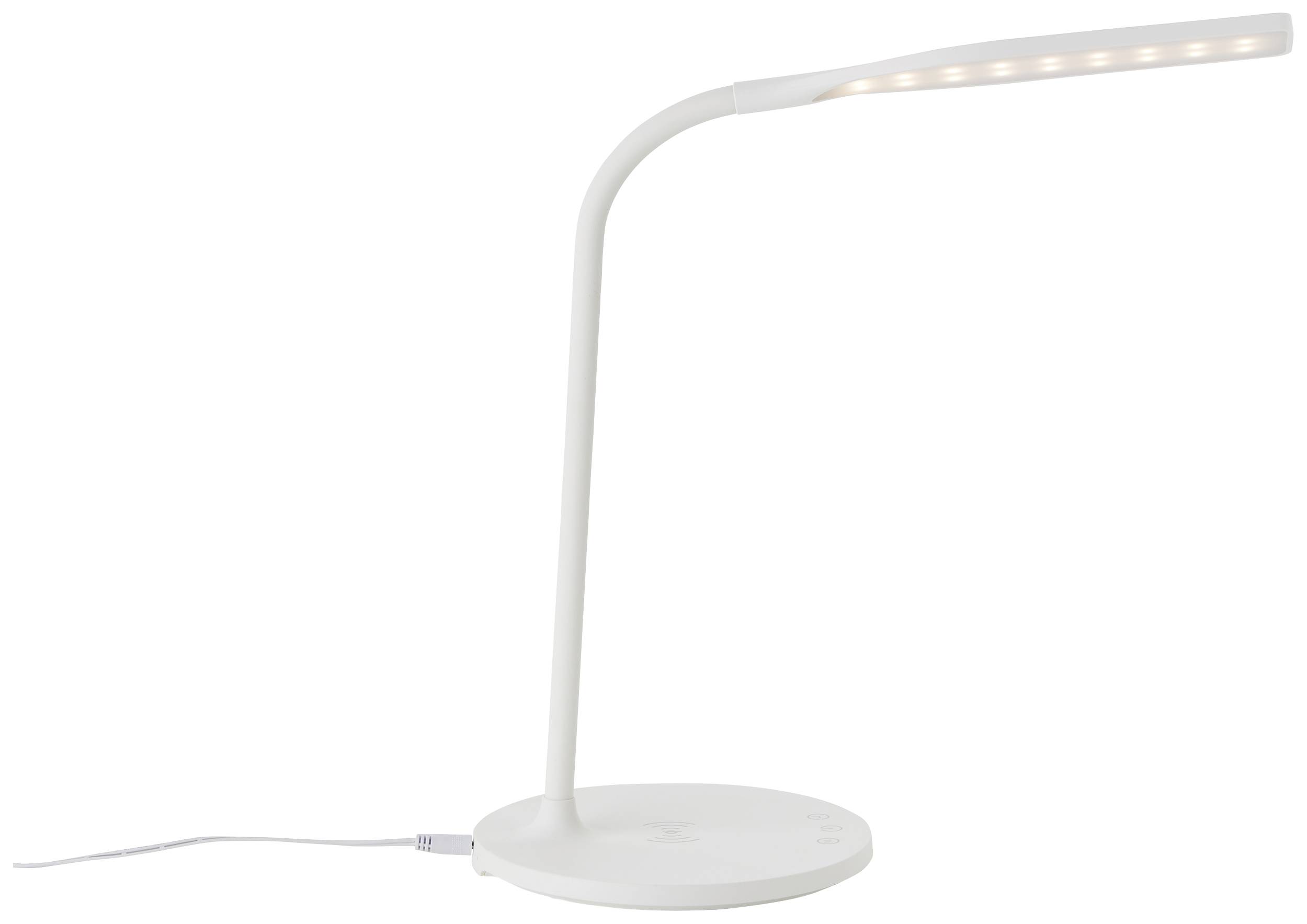 Weiße, minimalistische LED-Tischlampe mit flexiblem Hals und rundem Sockel auf einem weißen Hintergrund.