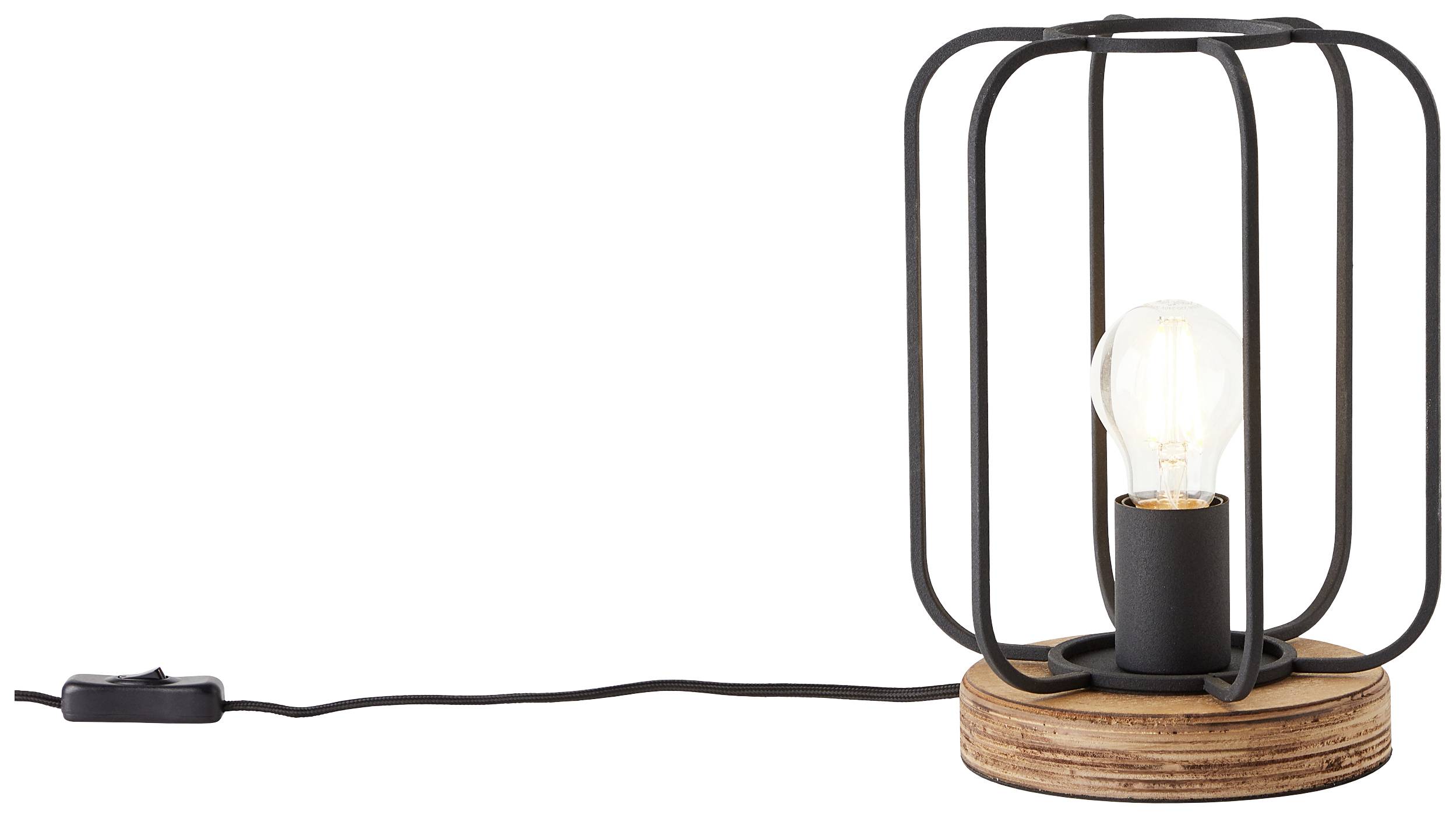 Eine Tischlampe mit schwarzem Metallrahmen und Holzsockel. Sie hat eine sichtbare Glühbirne und einen Kabelschalter.