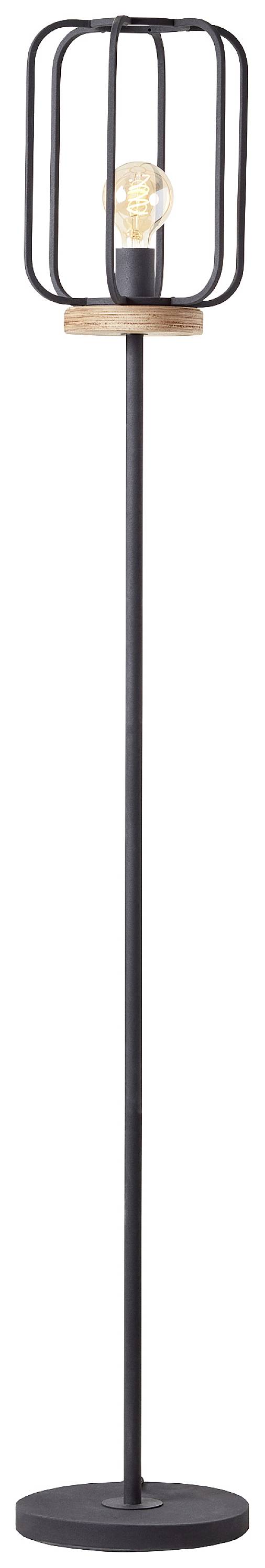 Stehlampe mit schwarzem Metallgestell, filamentartigem Leuchtmittel und hölzerner Akzent. Modernes, minimalistisches Design.