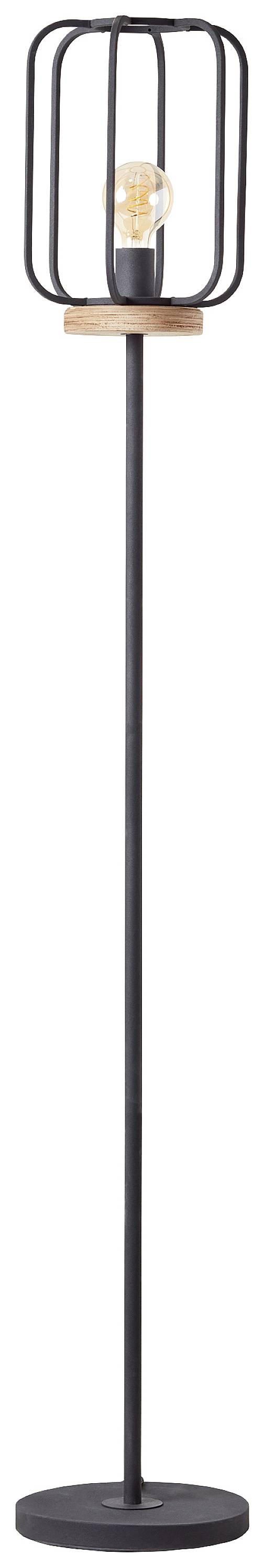 Stehlampe mit schwarzem Metallgestell und sichtbarer Glühbirne im modernen Design.