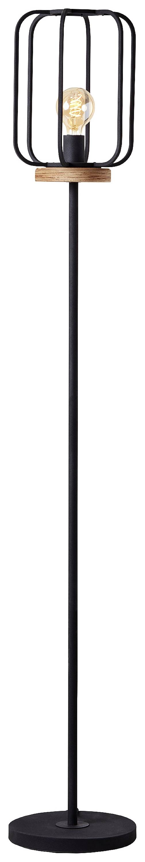 Eine schwarze Stehlampe mit einem Metallgitter-Schirm und sichtbarer Glühbirne auf einem runden Standfuß, modern und schlichtes Design.