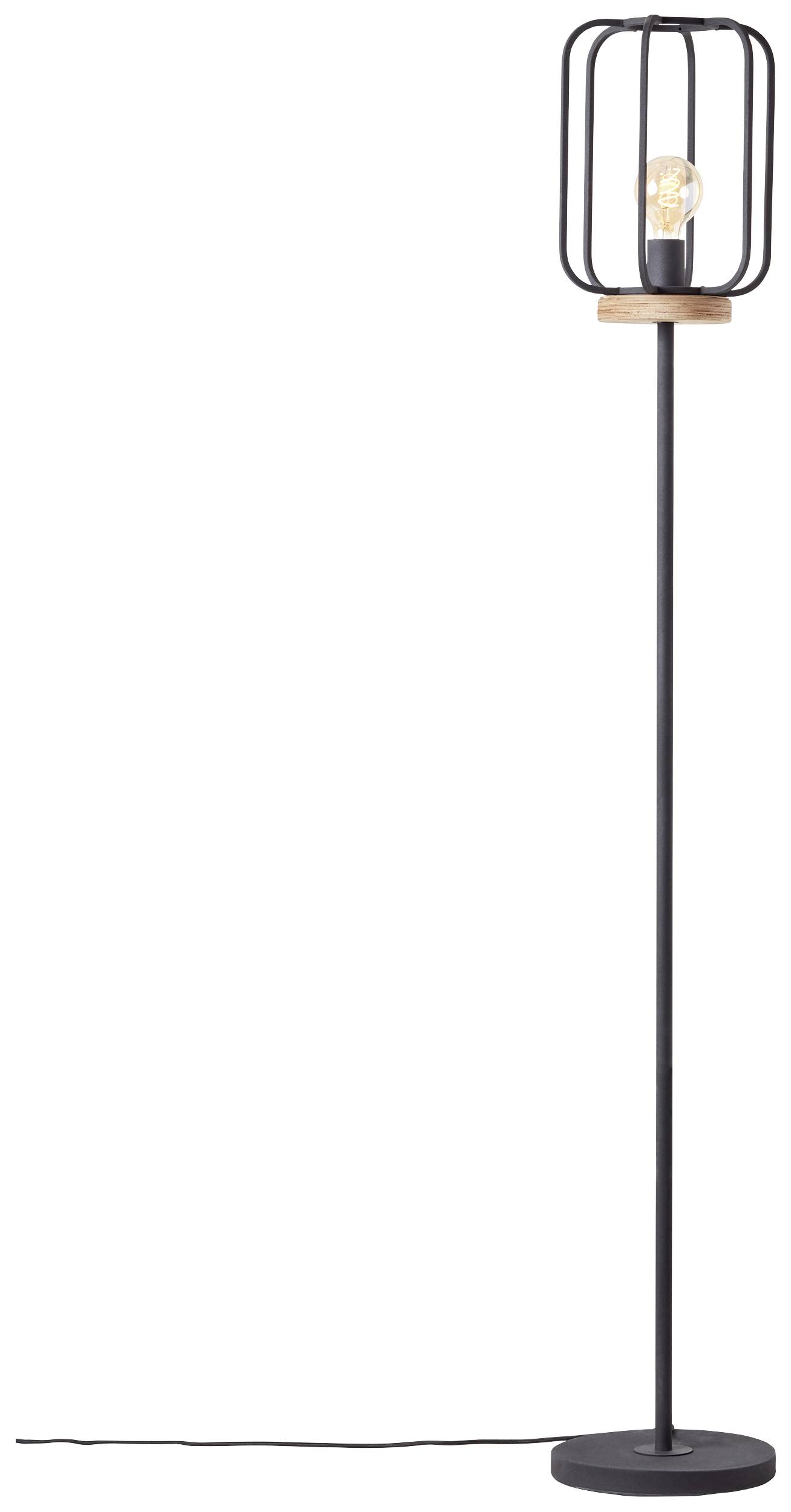 Stehlampe mit schwarzem Metallrahmen und sichtbarem Glühbirnenstil, steht auf rundem Sockel, modernes minimalistisches Design.