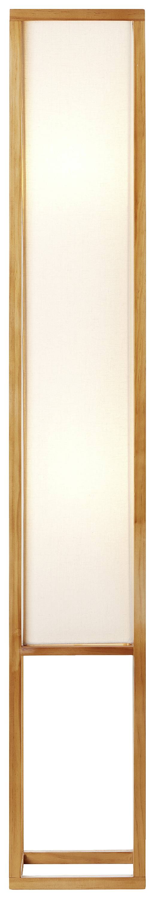 Stehleuchte mit rechteckigem Holzrahmen und weißem Lampenschirm.