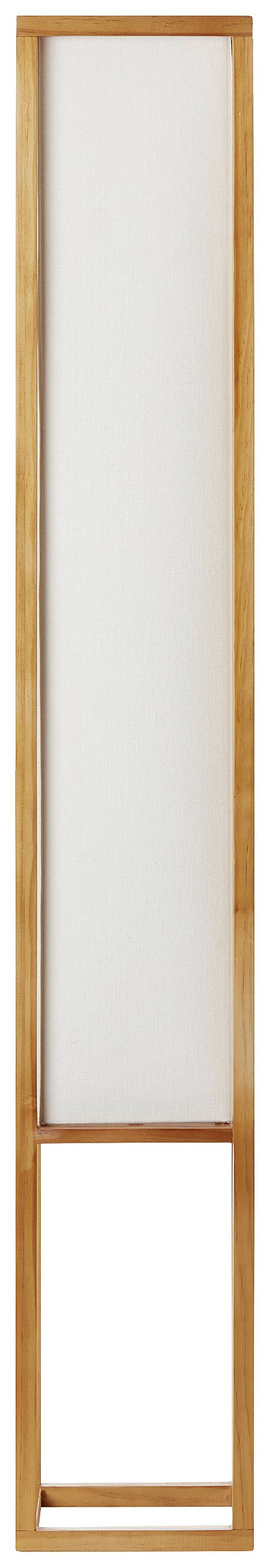 Stehende Holzlampe mit rechteckigem weißen Schirm. Schlankes, minimalistisches Design, geeignet für modernes Interieur.