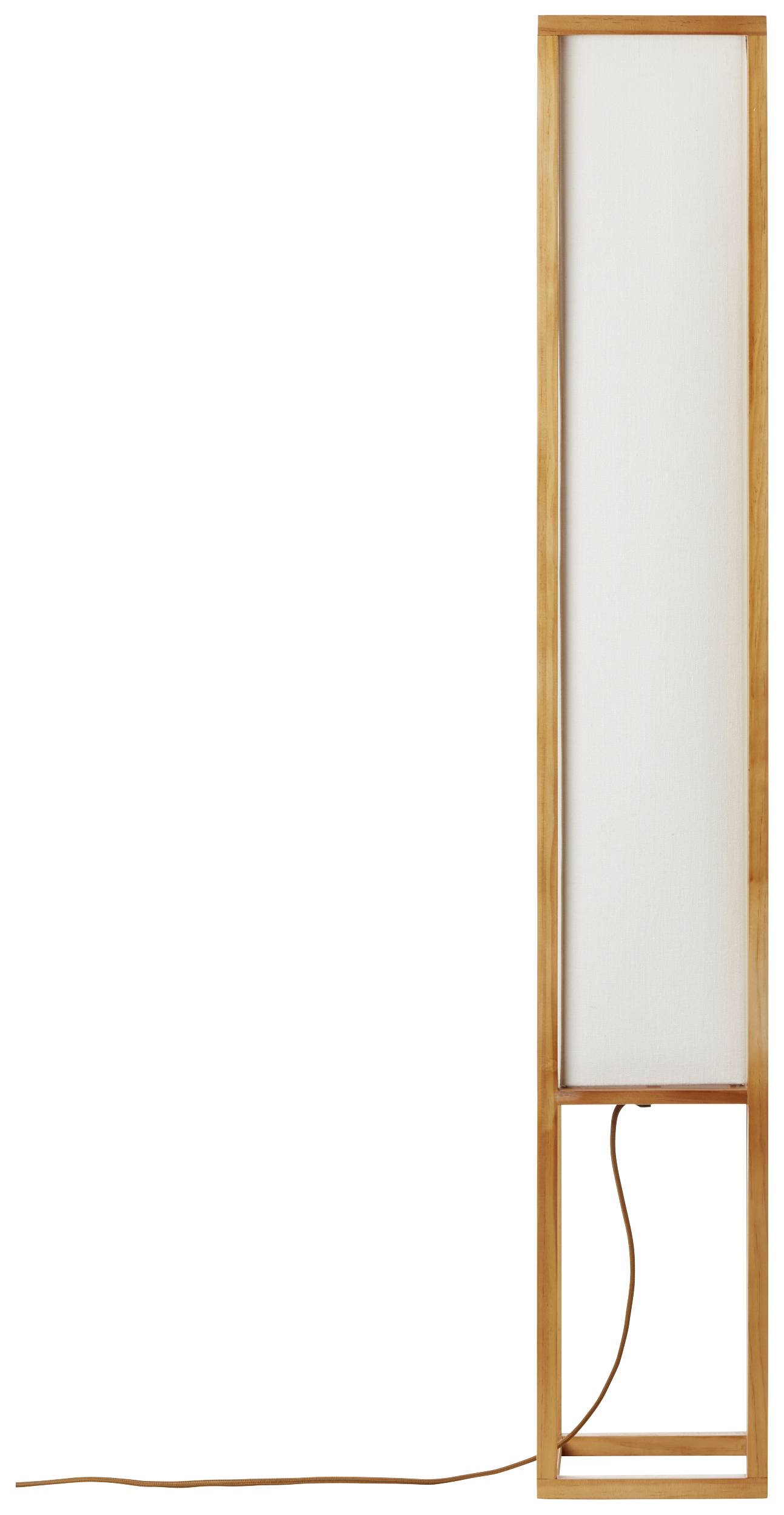 Eine schlanke, rechteckige Stehlampe mit Holzrahmen und weißem Lampenschirm, im modernen Design.