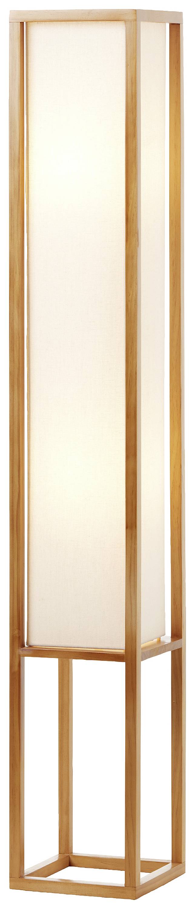 Stehlampe aus hellem Holz mit rechteckigem, weißem Lampenschirm, moderner minimalistischer Stil.