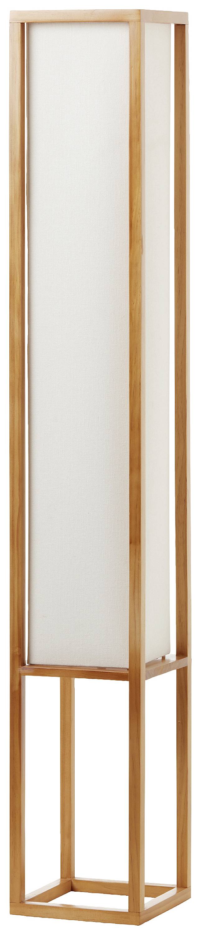 Stehlampe mit rechteckigem, holzfarbenem Rahmen und weißem Leuchtkörper in modernem Design. Ideal für Wohnzimmer oder Büro.