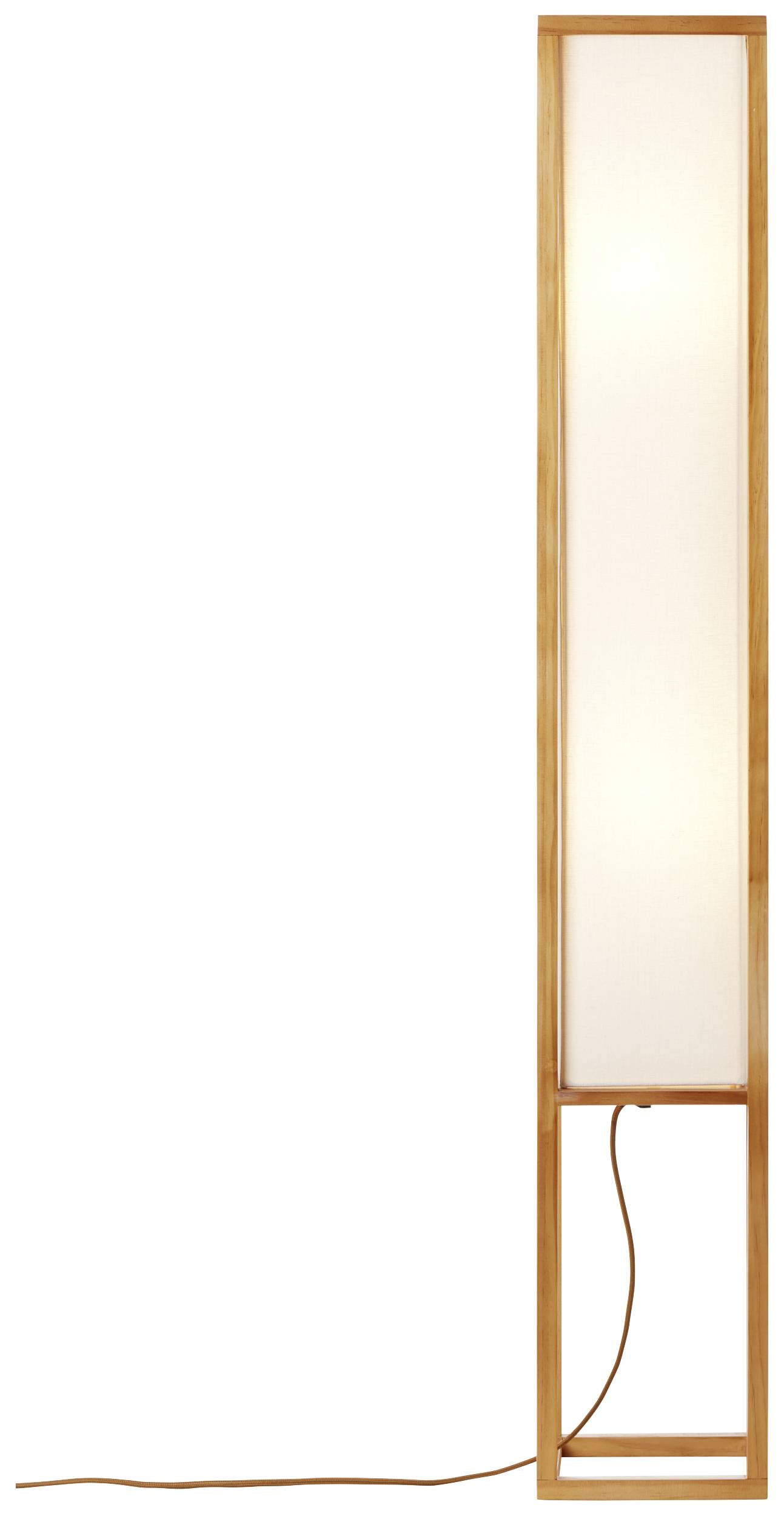 Schlanke Stehlampe mit rechteckigem Rahmen aus Holz und weißem Lampenschirm, geeignet für modernes Wohndesign.