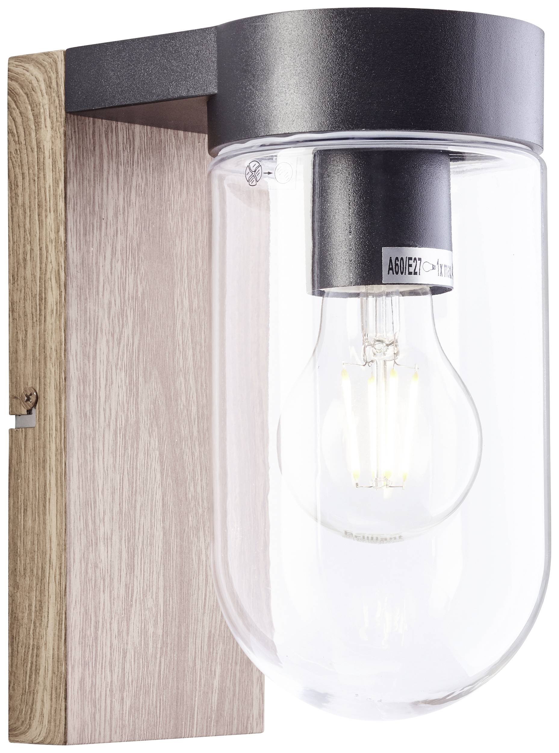 Wandleuchte mit Holzwandhalterung und klarer Glaskuppel, die eine Glühbirne zeigt. Modernes Design für Innenbeleuchtung.