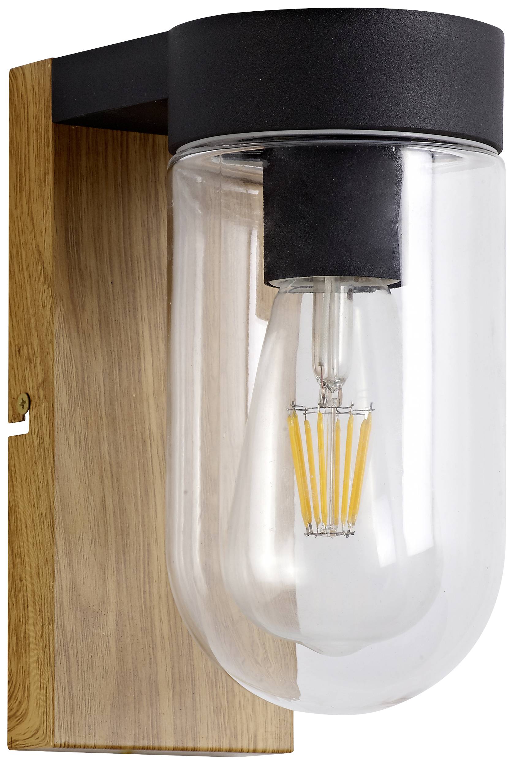 Wandleuchte aus Holz und Metall mit Glasabdeckung, enthaltend eine LED-Filament-Glühbirne. Ideal für moderne Innenräume.