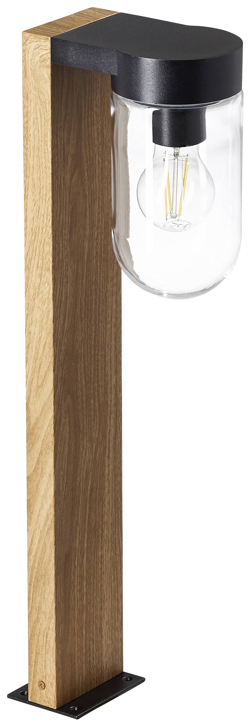 Eine stehende Außenlampe aus Holz mit klarer Glaskuppel und sichtbarer Glühbirne. Schwarze Metallakzente an der Oberseite.