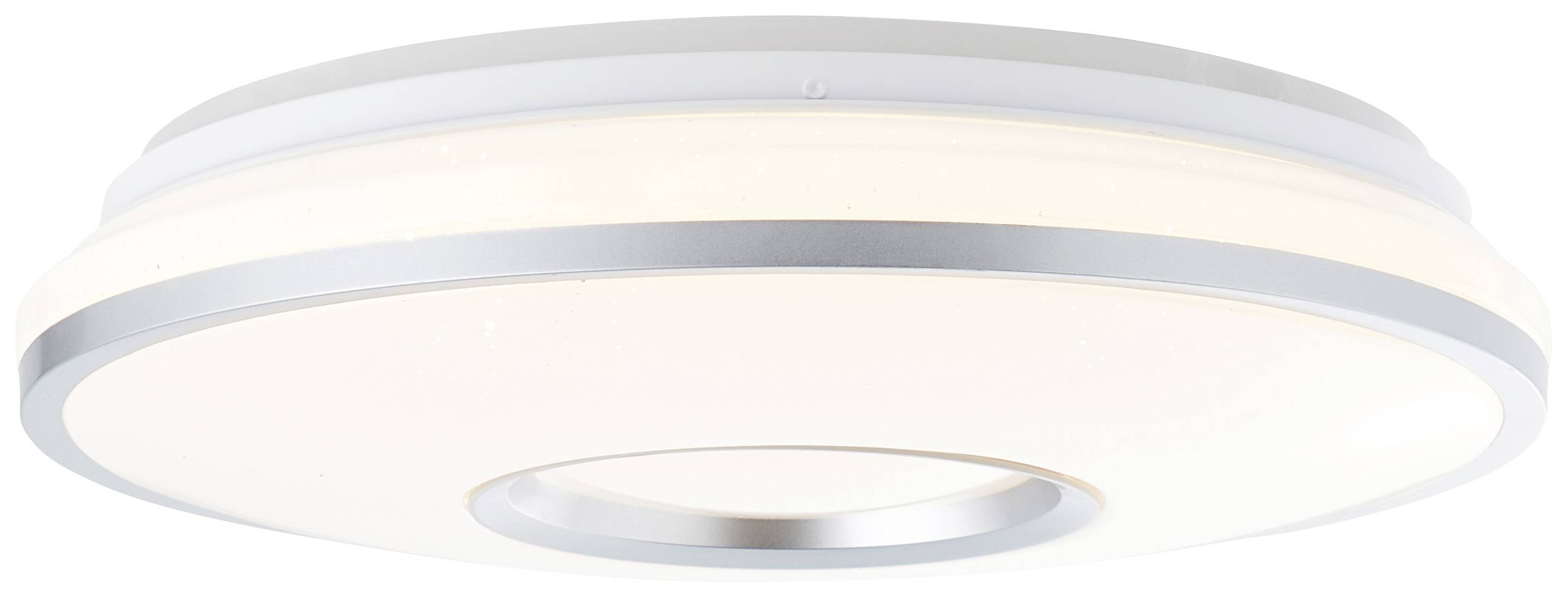 Deckenleuchte mit modernem, runden Design, silberner und weißer Ring, sanfte LED-Beleuchtung für wohnliche Atmosphäre.