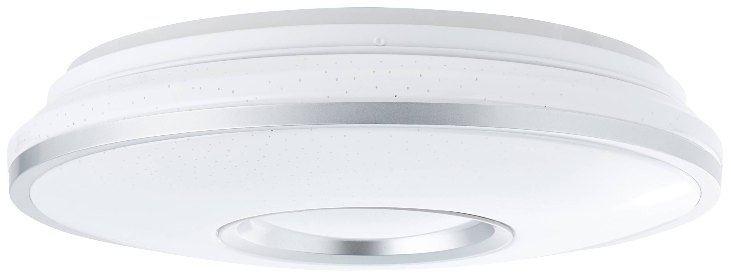 Weiße, runde Deckenleuchte mit modernem Design und metallischen Akzenten. Geeignet für Wohn- oder Büroräume.