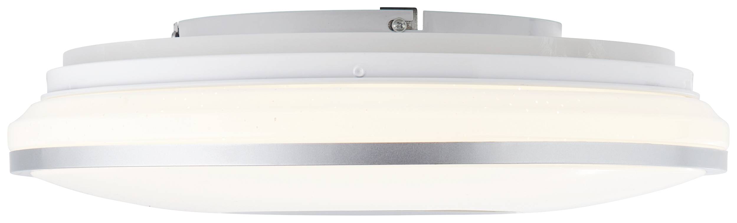 Abgerundete weiße Deckenleuchte aus Metall und Kunststoff mit silbernem Rand, im modernen Design.