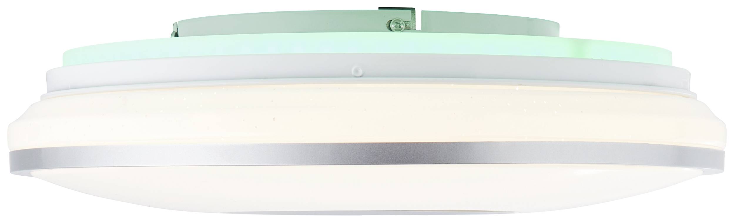 Eine runde, moderne Deckenleuchte mit einem weißen, mattierten Glas und einem silbernen Rahmen. Ideal für Wohnzimmerbeleuchtung.