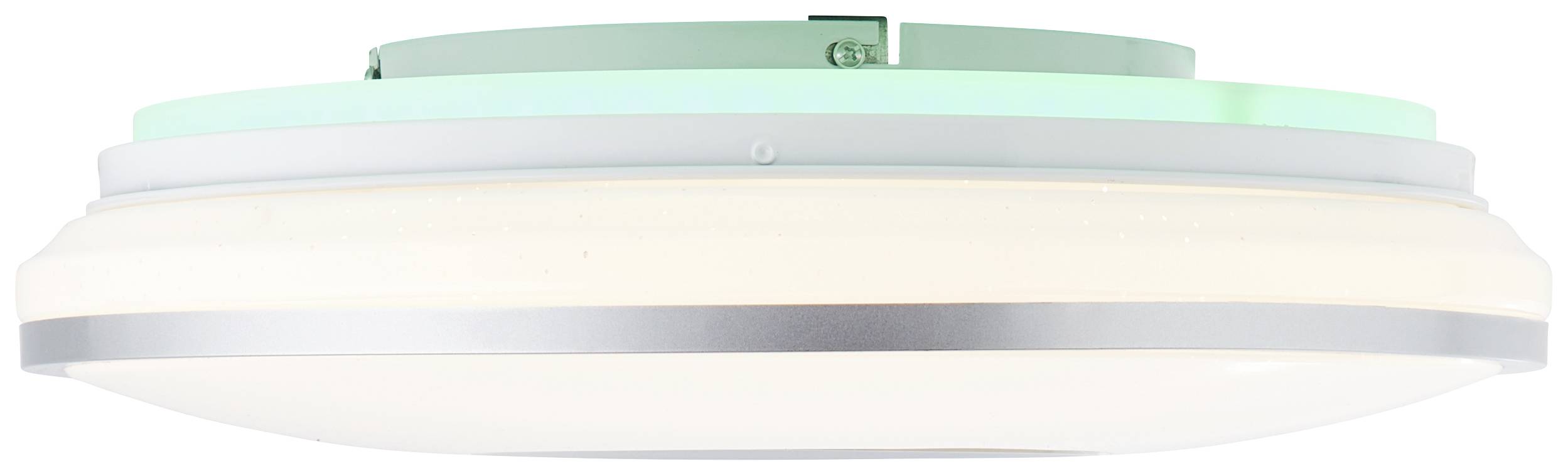 Flache, runde Deckenleuchte mit einem silbernen Streifen und einer diffusen weißen Abdeckung, die weiches Licht spendet.