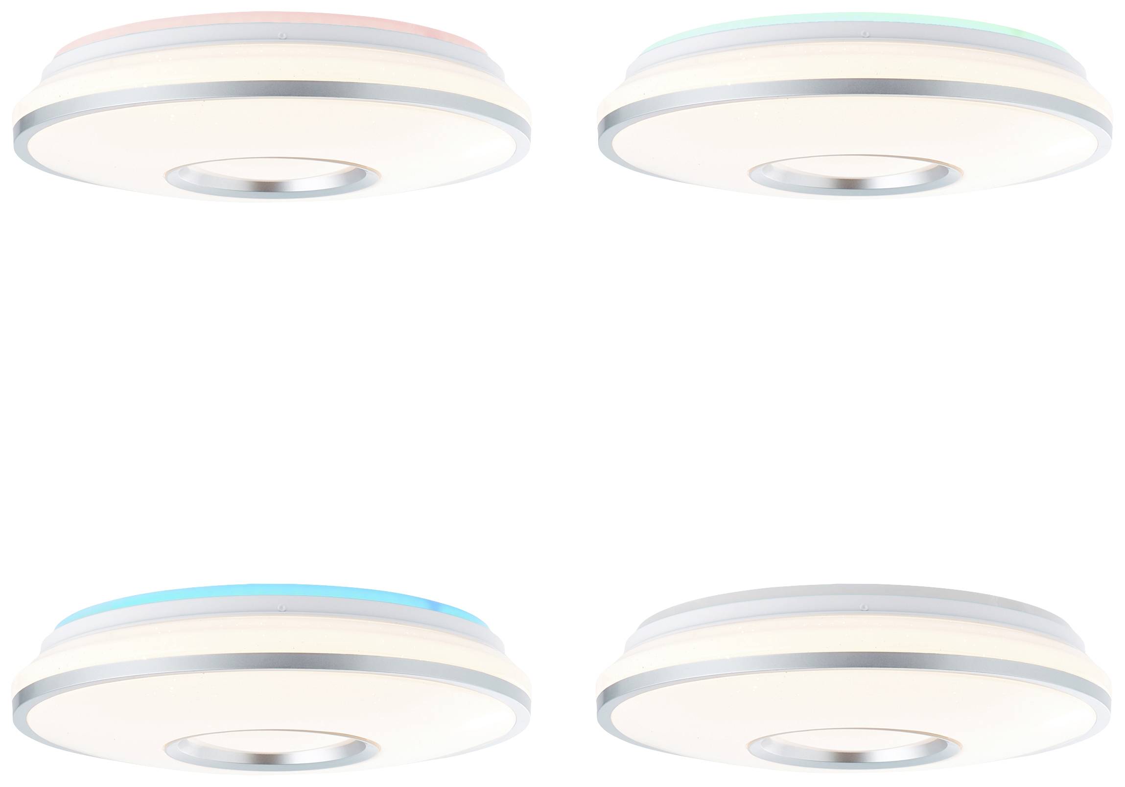 Vier runde LED-Deckenleuchten in verschiedenen Farben: rot, grün, blau und weiß. Moderne Lampendesigns mit silbernen Rändern.