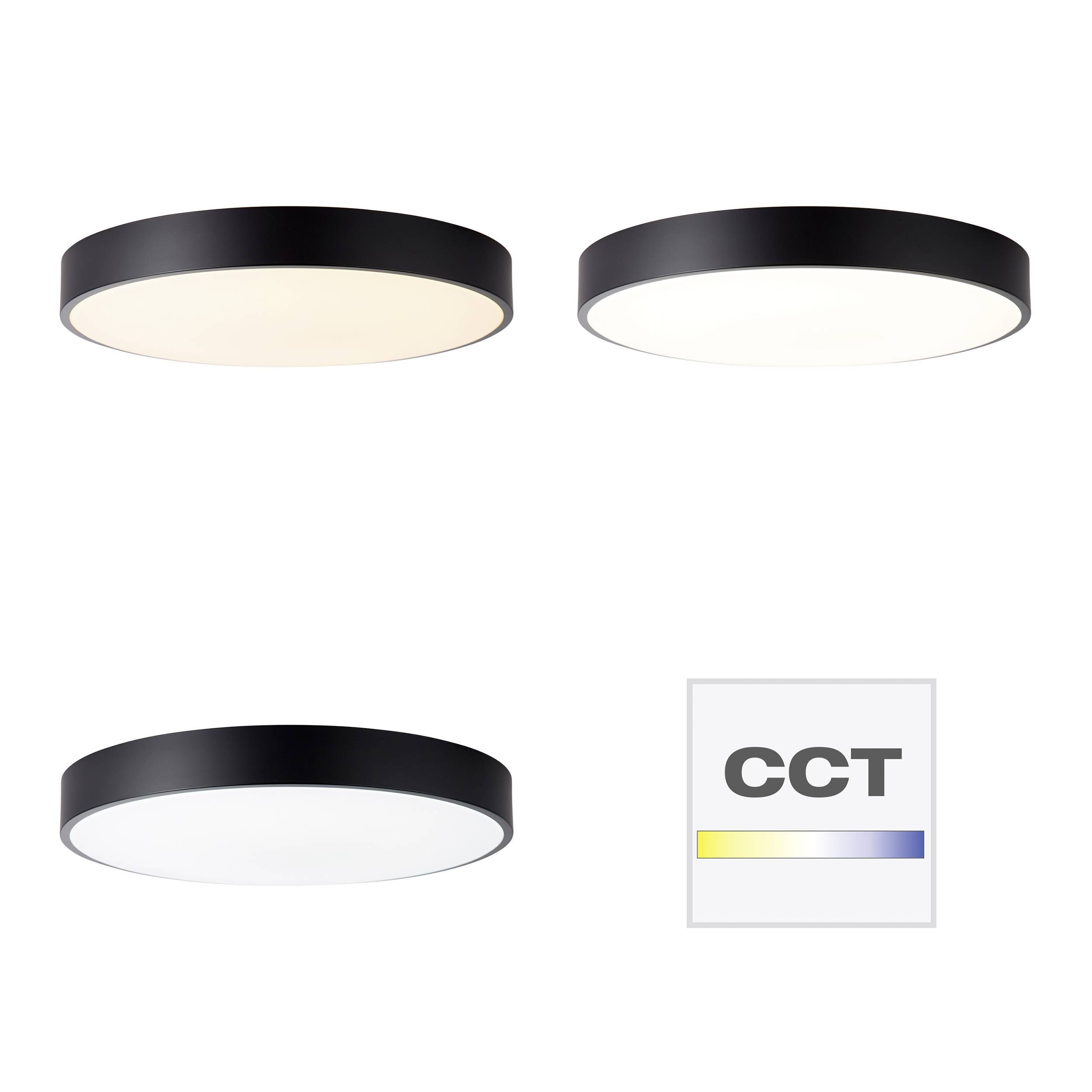 Drei runde LED-Deckenleuchten mit schwarzem Rand in unterschiedlicher Lichtfarbe. Unten rechts ein Zeichen mit 'CCT'.