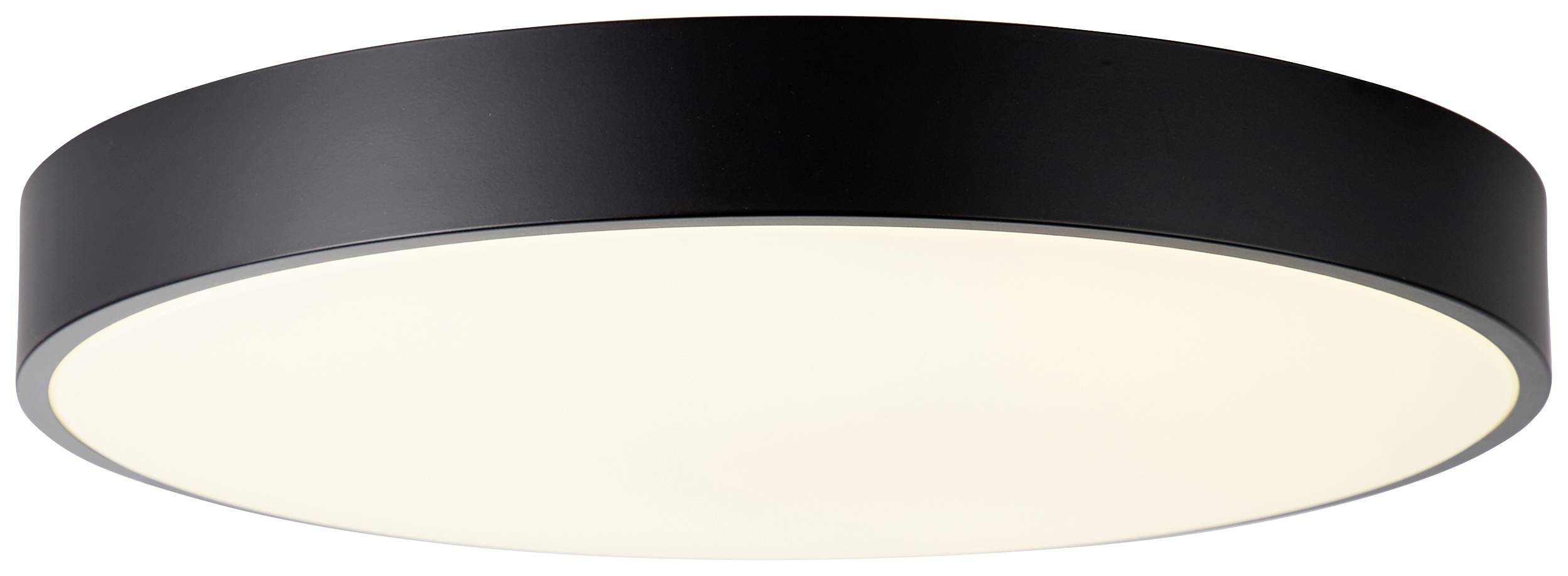 Schwarze, kreisförmige LED-Deckenleuchte mit weißer Leuchtfläche; modernes, schlichtes Design. Geeignet zur gleichmäßigen Raumbeleuchtung.