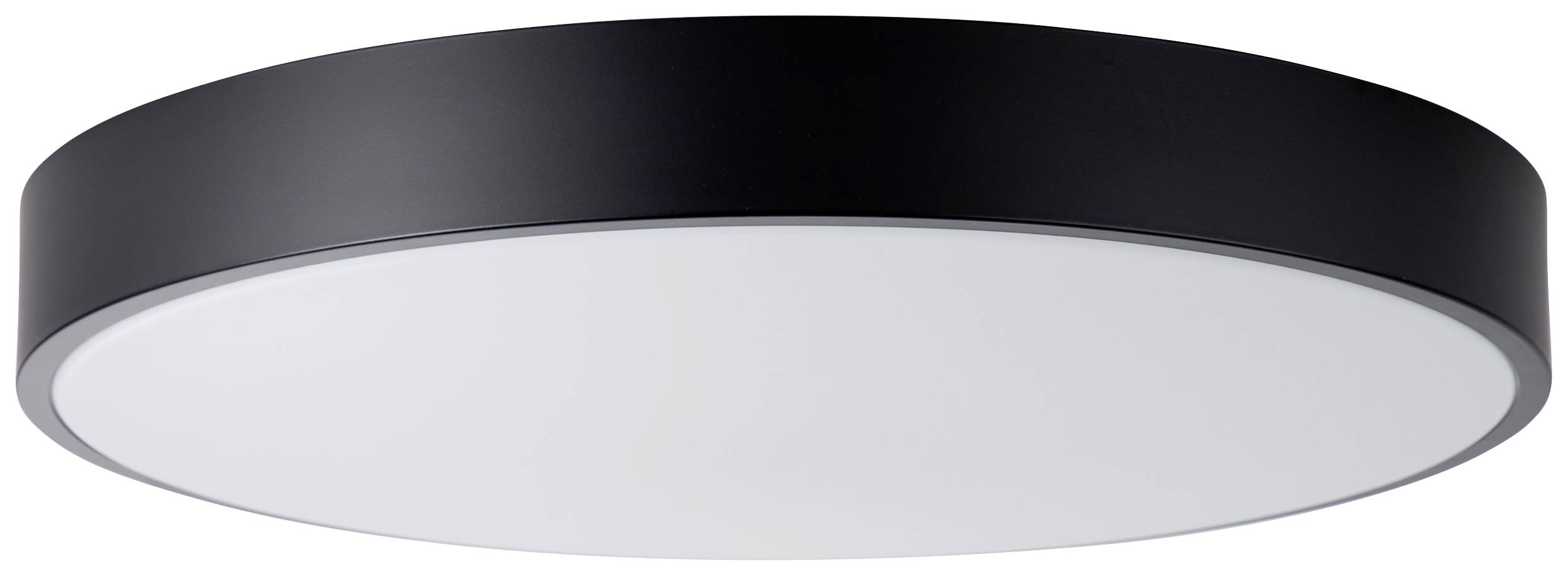 Eine runde, schwarze Deckenleuchte mit weißem Diffusor. Essentials für modernes Wohnambiente.