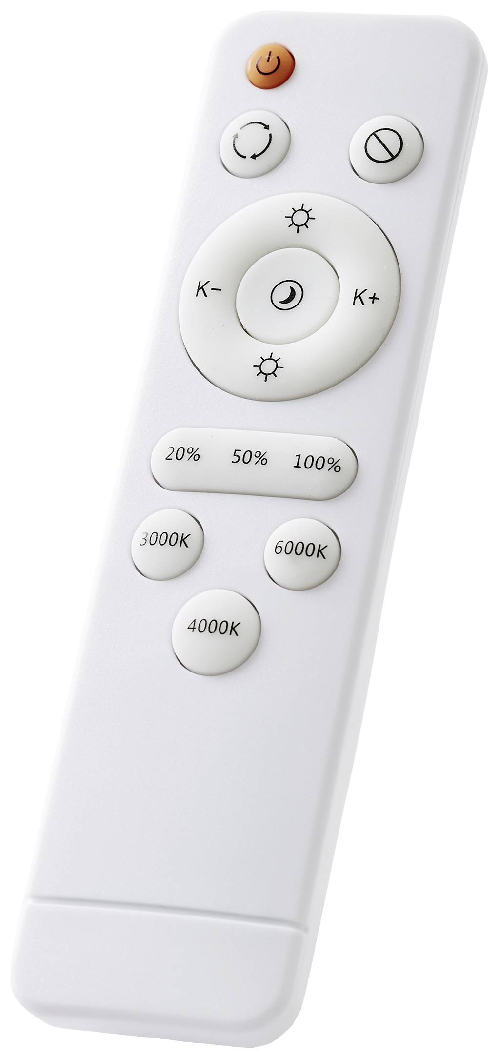 Eine weiße Fernbedienung mit Tasten zur Steuerung von Programmen und Lichttemperaturen, einschließlich 3000K und 6000K.