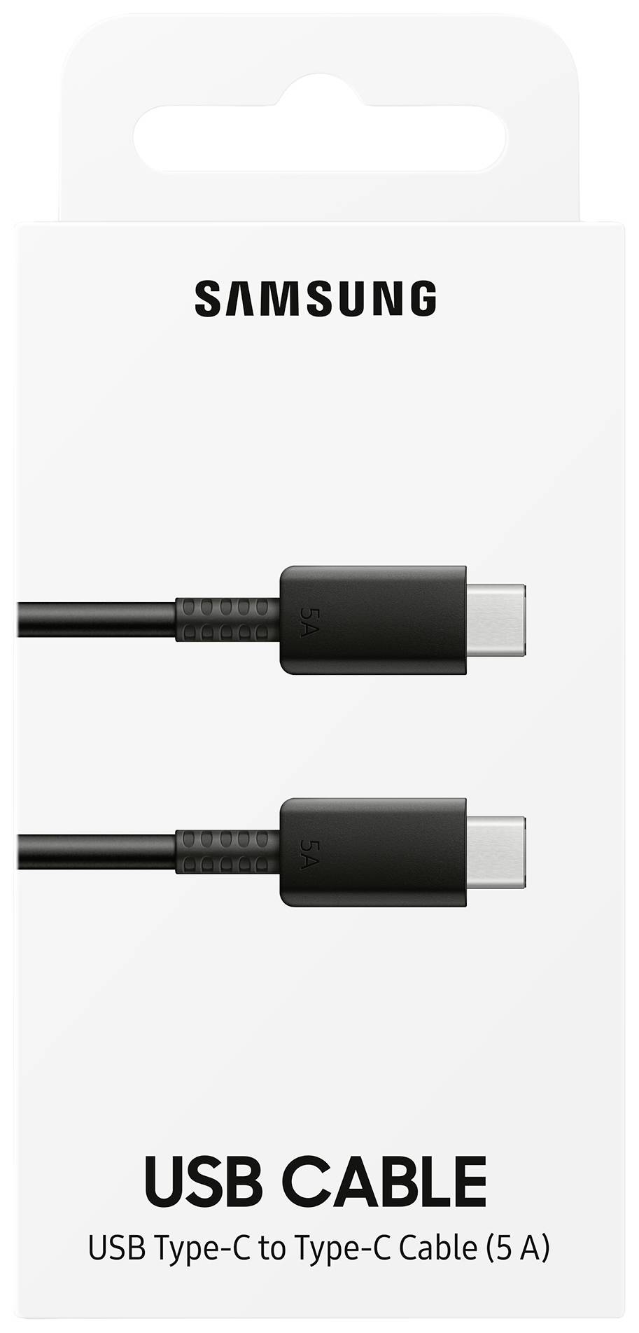 Eine Verpackung für ein Samsung USB-Kabel, zeigt zwei schwarze USB-Typ-C-Stecker. Text: 'USB Type-C to Type-C Cable (5 A)'.