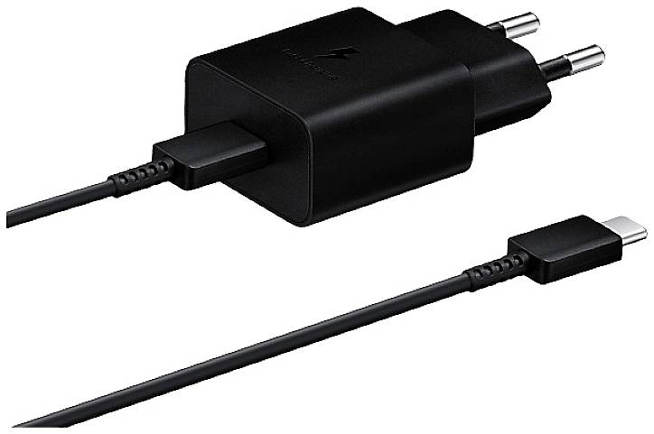 Schwarzes USB-C-Ladegerät mit Kabel, Euro-Stecker und Schnellladefunktion. Geeignet für viele elektronische Geräte und Smartphones.