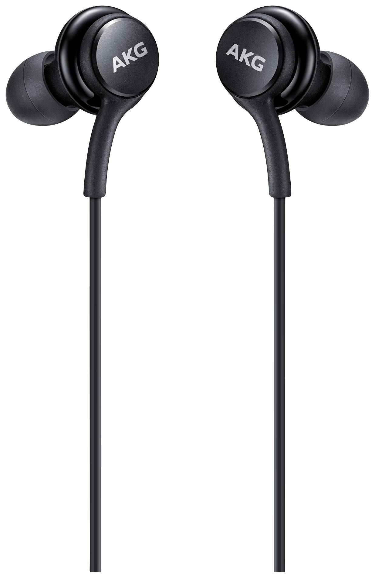Schwarze In-Ear-Kopfhörer der Marke AKG mit Kabel, schlichtes Design. Geeignet für Musikgenuss unterwegs.