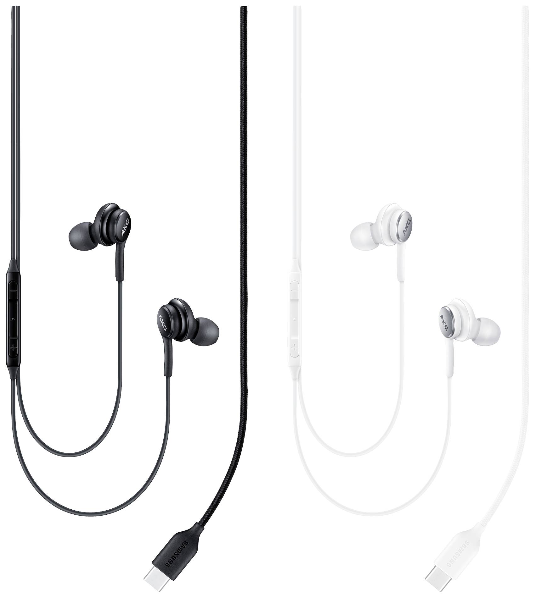 Schwarze und weiße In-Ear-Kopfhörer mit Kabeln und Bedienelementen. USB-C Anschluss. Sowohl Design als auch Funktion sind gezeigt.