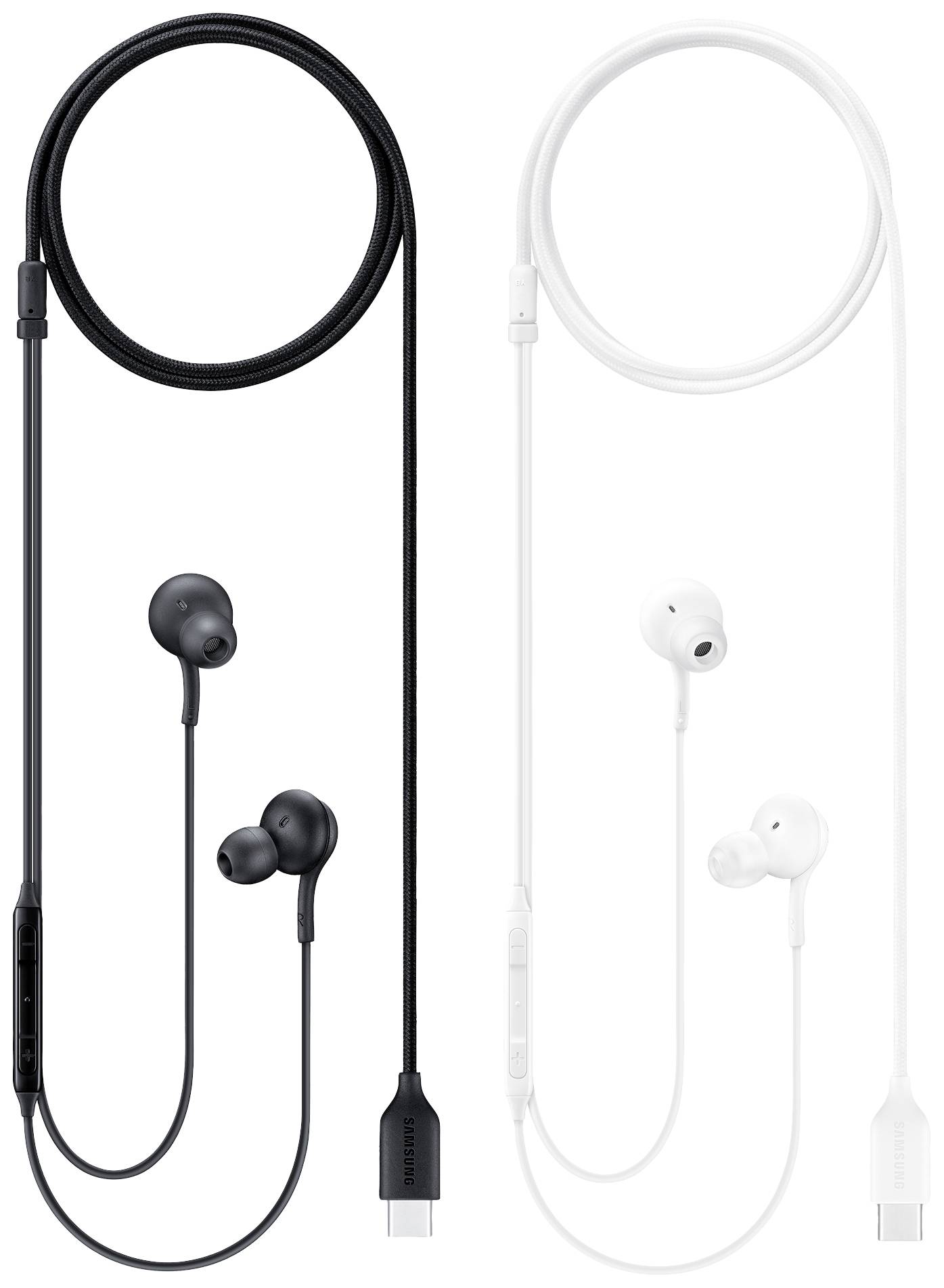 Zwei Paar kabelgebundene In-Ear-Kopfhörer, eines schwarz und eines weiß, mit USB-C-Anschlüssen.