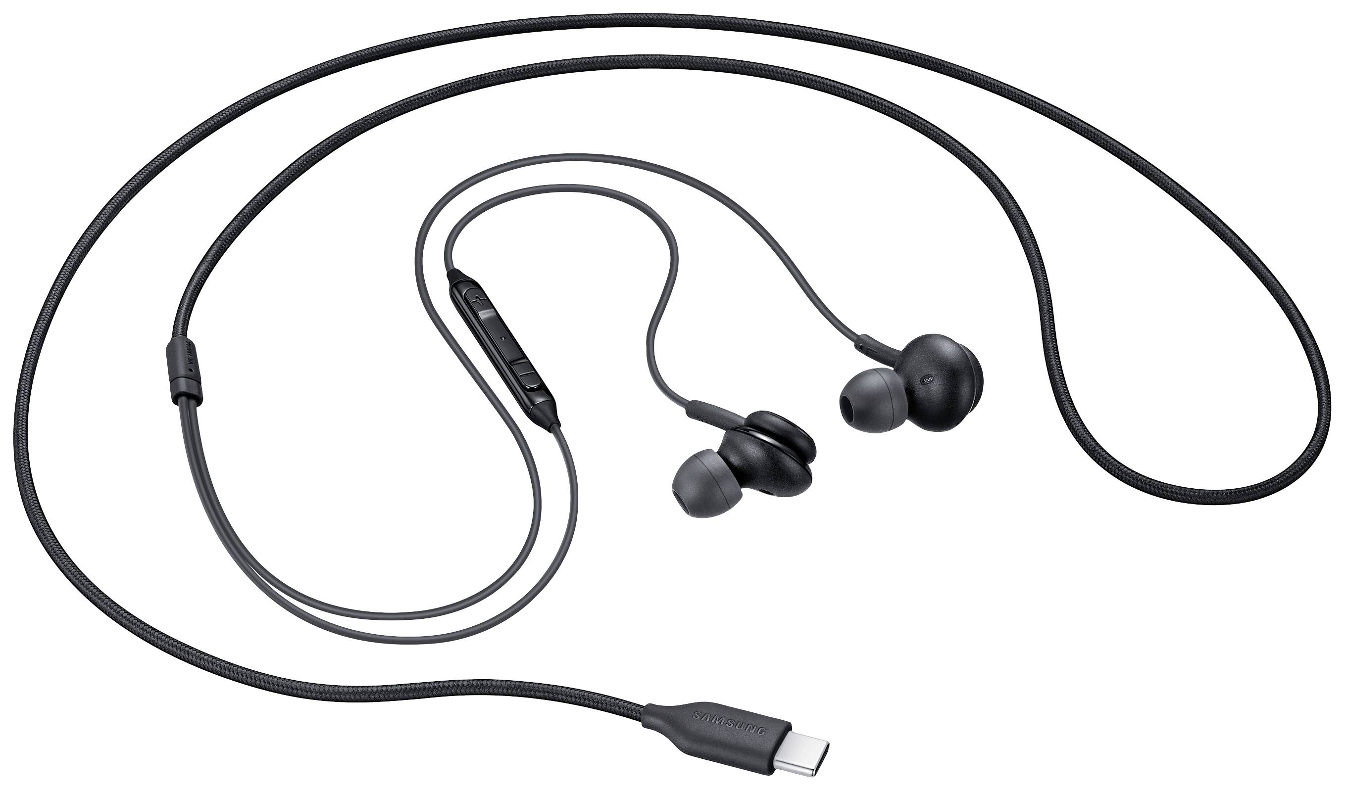 Ein Paar schwarze In-Ear-Kopfhörer mit USB-C-Anschluss und integrierter Fernbedienung.