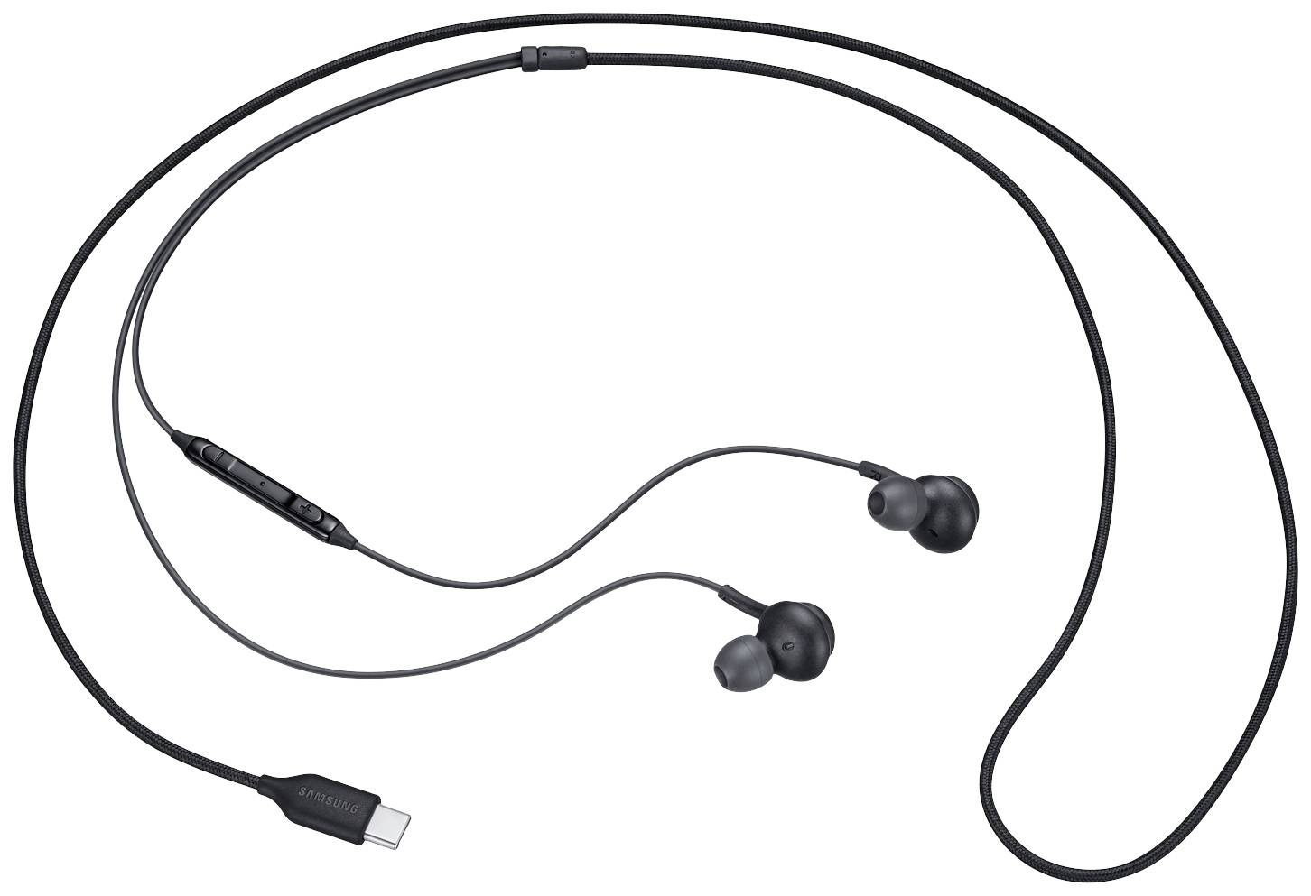 Ein Paar schwarze kabelgebundene In-Ear-Kopfhörer mit USB-C-Anschluss und integrierten Bedientasten am Kabel.