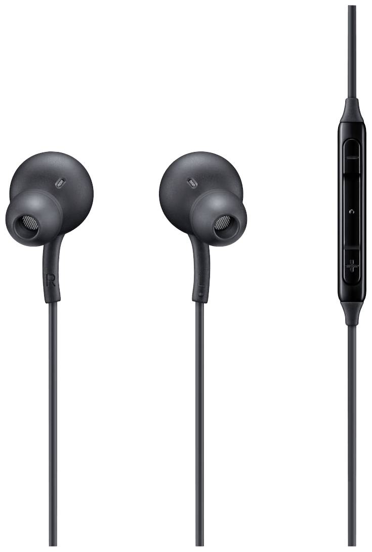 Schwarze In-Ear-Kopfhörer mit Kabel und integrierter Lautstärkeregelung.