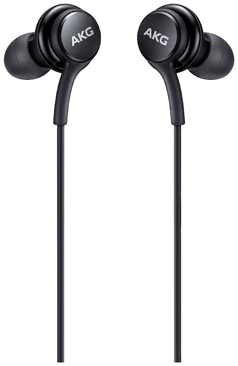 Schwarze kabelgebundene In-Ear-Kopfhörer der Marke AKG mit einem schlanken Design. Sie verfügen über runde Ohrteile und ein integriertes Kabel.