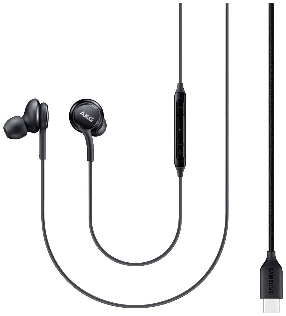 Schwarze In-Ear-Kopfhörer mit Kabel, Marke 'AKG'. Enthält Bedienelemente am Kabel und einen USB-C-Stecker. Geeignet für Musik und Anrufe.