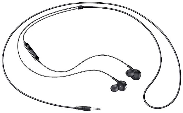 Schwarze kabelgebundene In-Ear-Kopfhörer mit 3,5-mm-Stecker, eingebautem Mikrofon und Lautstärkeregler. Ideal für Musik und Anrufe.
