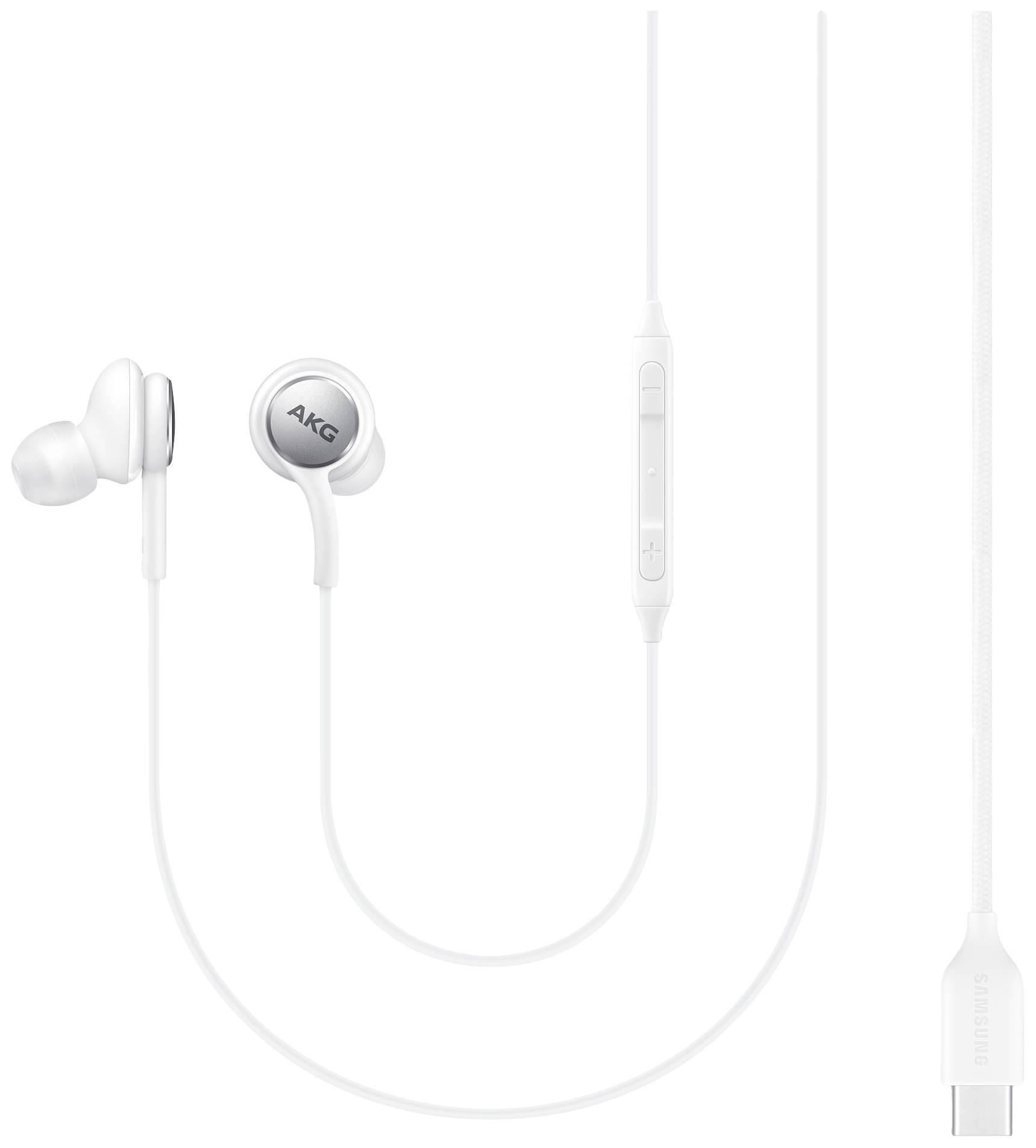 Weiße In-Ear-Kopfhörer mit Kabel und integrierter Fernbedienung. Links das AKG-Logo. Rechts das USB-C-Anschlussende.
