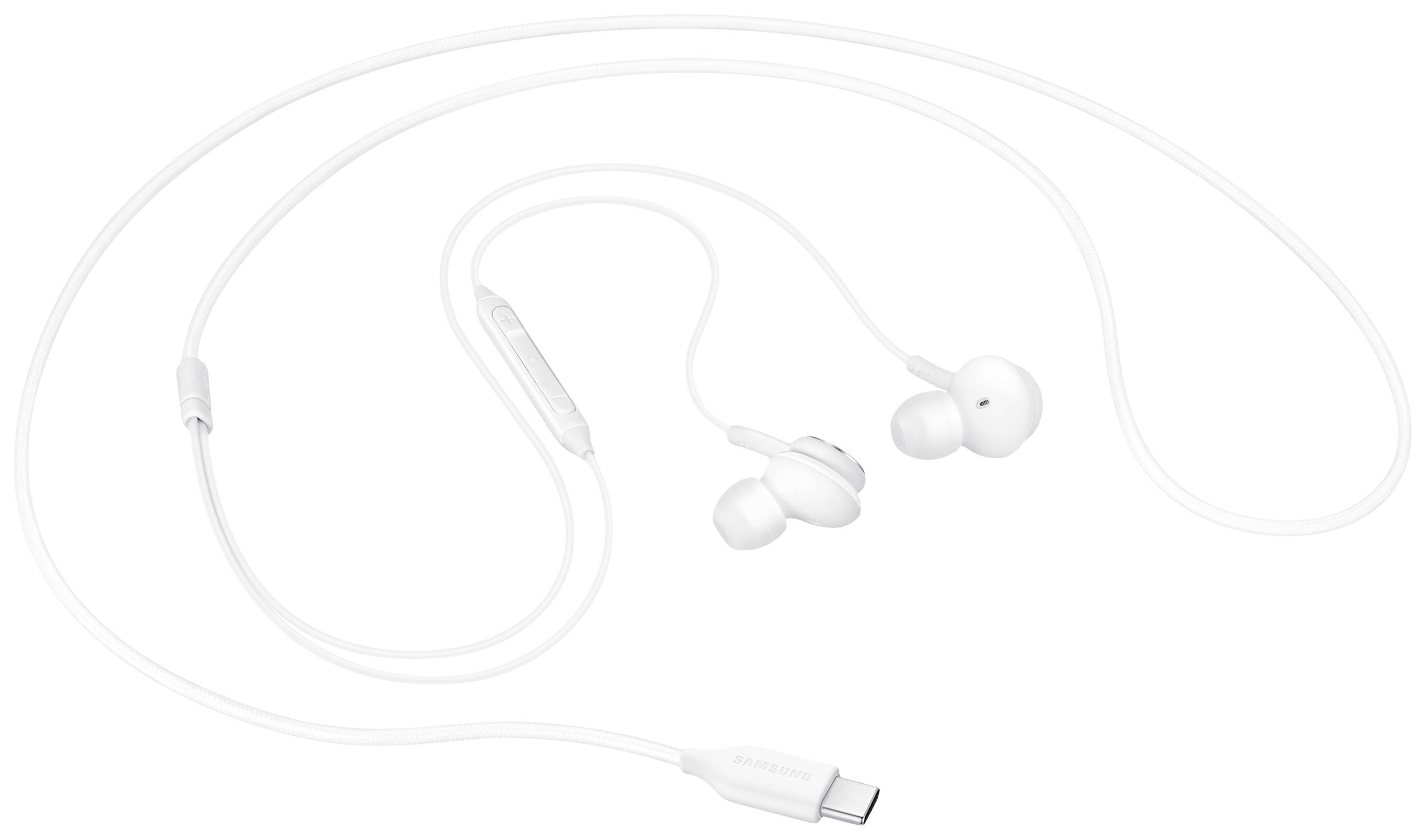 Weiße kabelgebundene In-Ear-Kopfhörer mit USB-C-Anschluss und integriertem Mikrofon in der Fernbedienung.