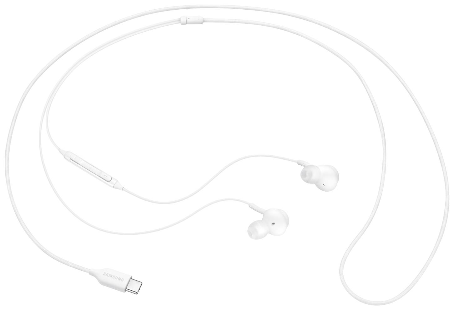 Weiße kabelgebundene In-Ear-Kopfhörer mit USB-C-Anschluss und eingebauter Fernbedienung.