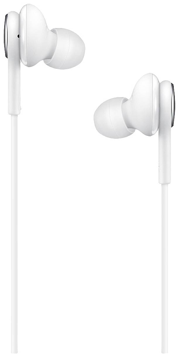 Weiße In-Ear-Kopfhörer mit Kabel. Rechte und linke Ohrhörer sind nebeneinander abgebildet.