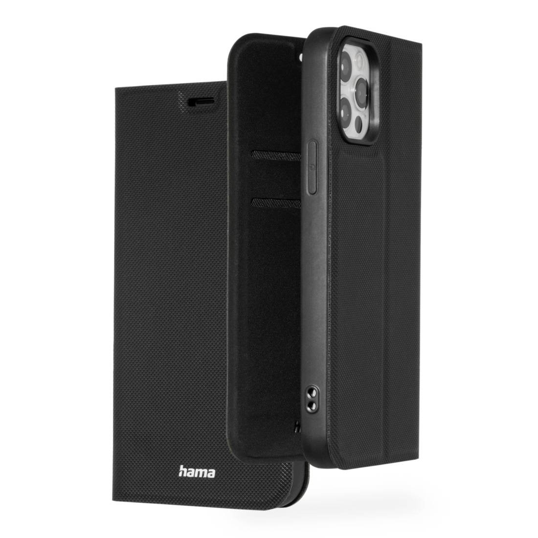 Ein schwarzes Smartphone-Case mit Öffnung für die Kamera, stehend auf einer Seite geöffnet. Marke 'hama' ist sichtbar.