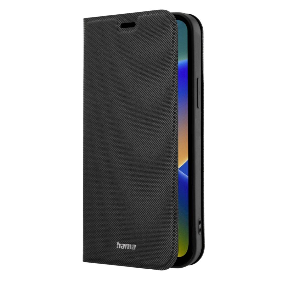 Schwarze Hülle für ein Smartphone, leicht geöffnet, zeigt das Display. Designed zum Schutz und Zugriff auf Funktionen.