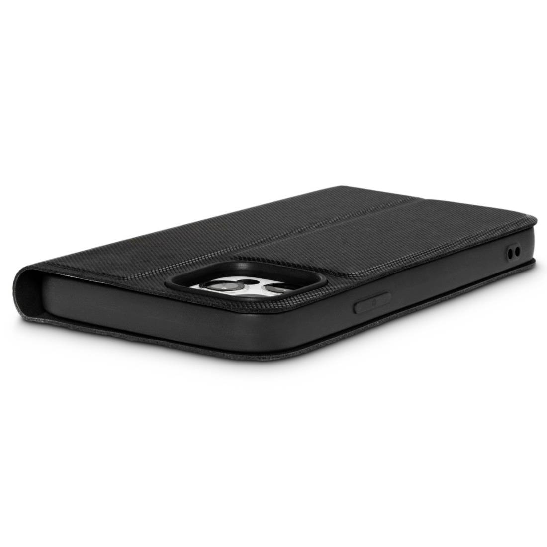 Schwarze Handyhülle aus Leder mit Klappfunktion, zum Schutz und Aufbewahrung von Smartphones. Liegt geschlossen auf weißem Hintergrund.