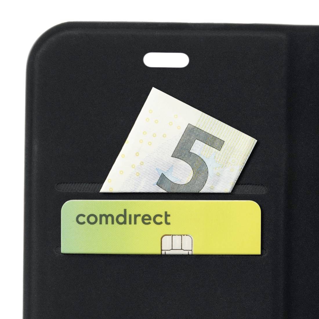 Ein Smartphone-Case mit einer eingesteckten Karte von 'comdirect' und einem gefalteten 5-Euro-Schein.