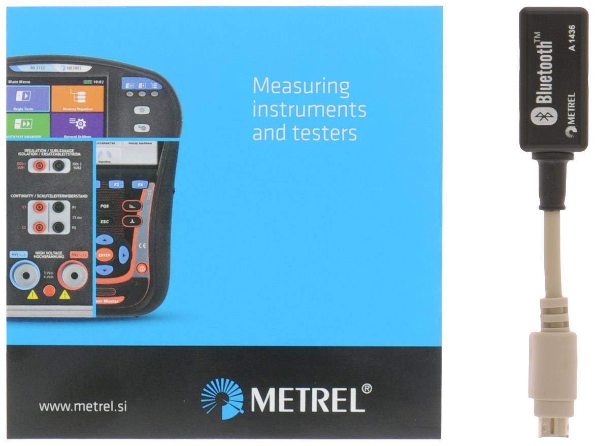 'Messinstrumente und Tester' Bild zeigt ein tragbares Gerät mit Bluetooth-Adapter von Metrel.