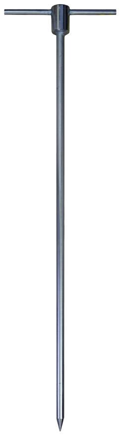 Metallischer Erdbohrer mit langem, schlankem Stab und Quergriff, genutzt für Bodenuntersuchungen oder das Setzen von Pfosten.