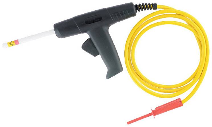 Ein schwarzer Spannungsprüfer mit gelbem Kabel und roter Sonde zur Messung elektrischer Spannungen.