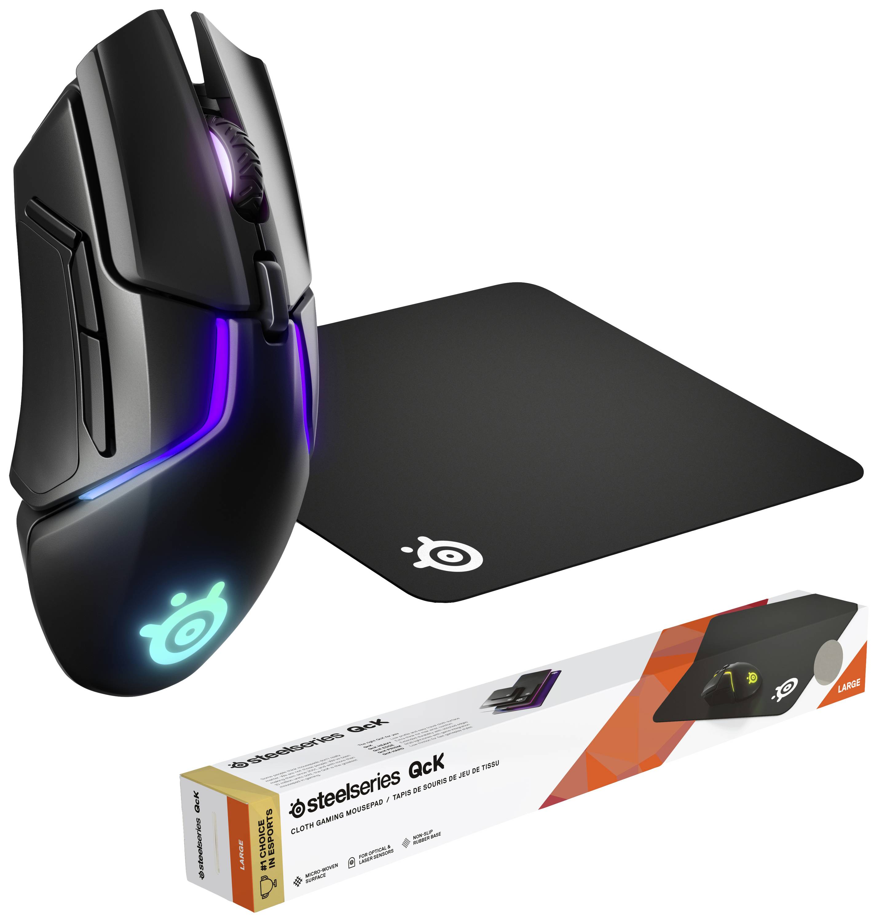 Steelseries Rival 650 Wireless, Qck Large Bundle Ergonomische Gaming-Maus Kabellos Optisch Schwarz 7 Tasten 12000 dpi Ergonomisch