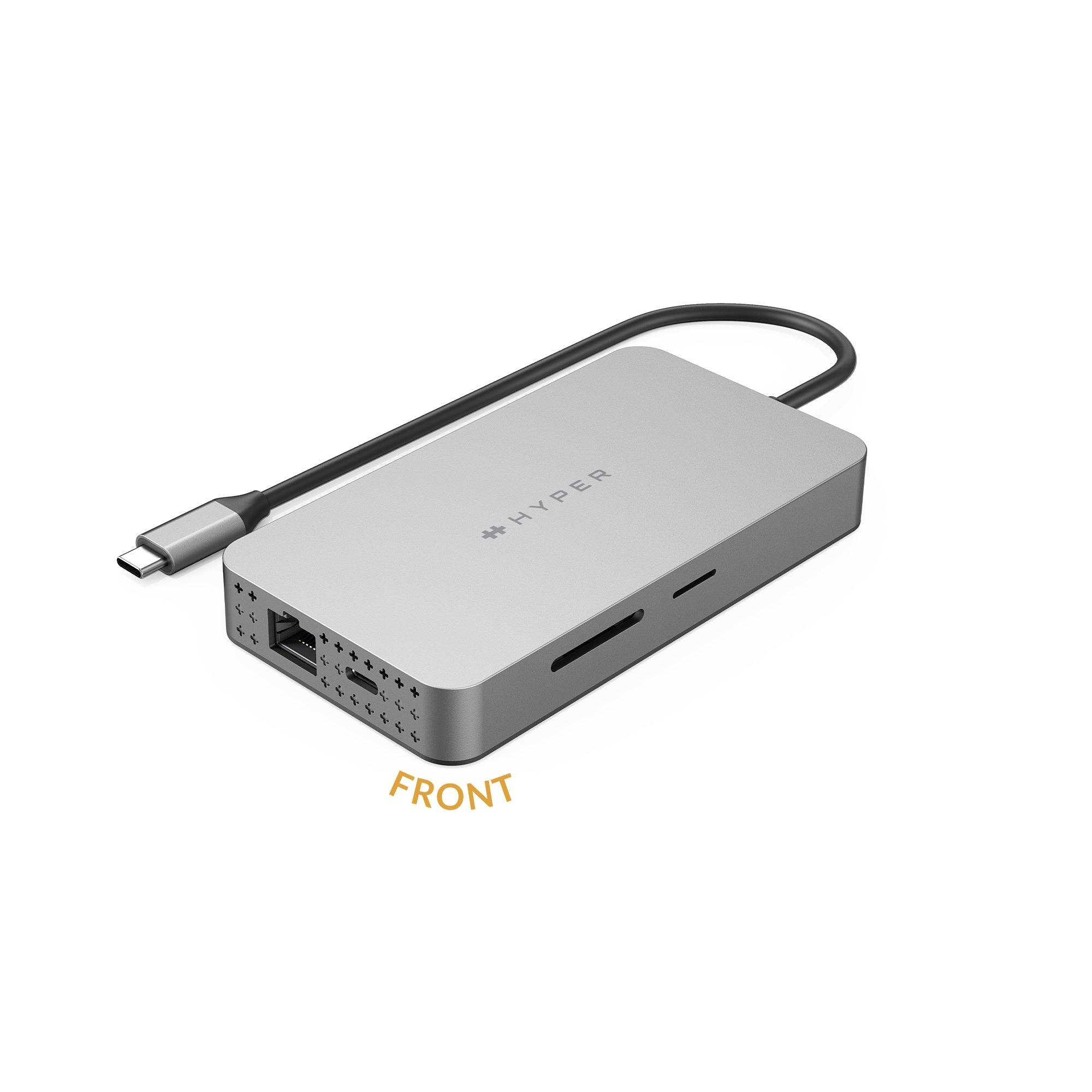 USB-C-Hub in Silber mit mehreren Anschlüssen, darunter Ethernet, SD-Kartensteckplatz und HDMI. Kabel ist fest angebracht.