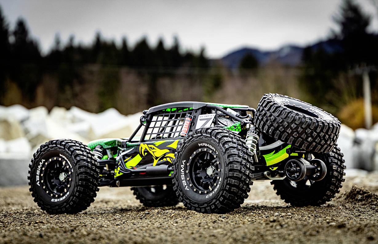 Ein ferngesteuertes Offroad-Auto mit großen Reifen und grünen Akzenten steht auf einem unbefestigten Weg vor bewaldeten Hügeln.